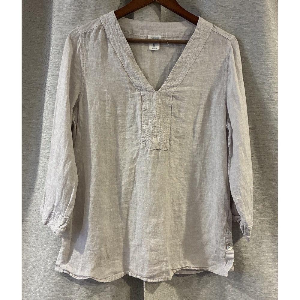 Sigrid Olsen 100% Linen Coastal Tunic Top Medium Beige V Neck 3/4 Sleeve